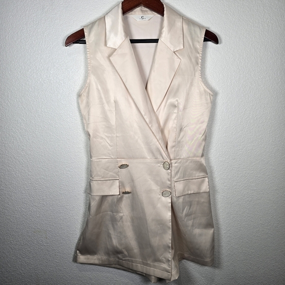 Commense Women's‎ Size Small Ivory Satin Sleeveless Faux Wrap Romper Mini - Picture 4 of 9